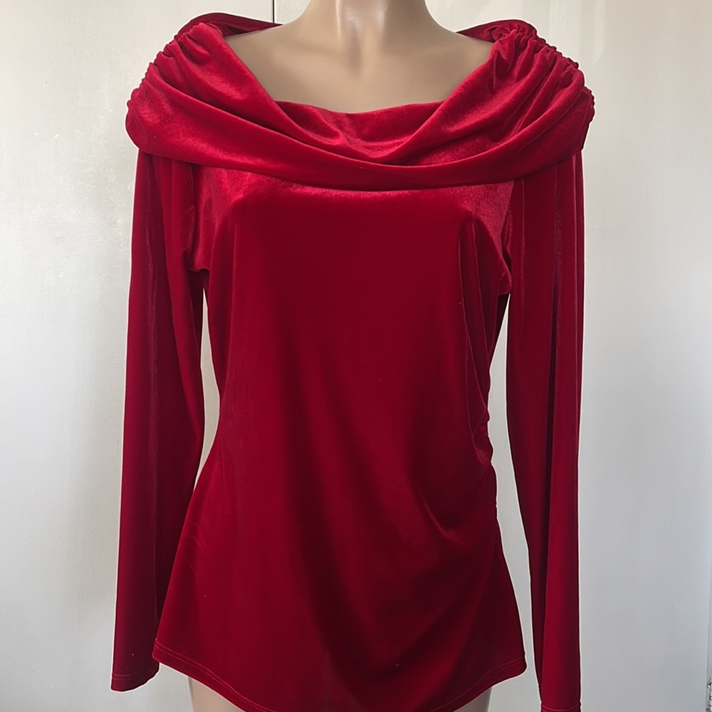 JON DEN  Red Velvet Draped Off-Shoulder Long-Sleeve Top size XL” womens
